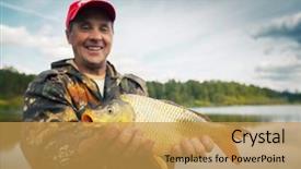  Presentation with fish pond - Presentation with freshwater fishing - happy smiling fisherman holding his background and a  colored foreground