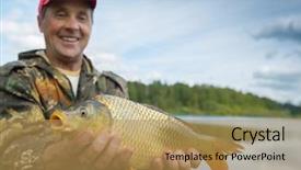  Presentation with fish pond - PPT layouts with freshwater fishing - happy smiling fisherman holding his background and a  colored foreground