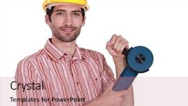  Presentation with steel industry man grinding - Audience pleasing presentation design consisting of friction welding - man holding angle-grinder backdrop and a coral colored foreground