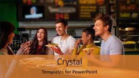  Presentation with pizzeria - Colorful slide deck enhanced with friday - cheerful multiracial friends having fun backdrop and a gold colored foreground
