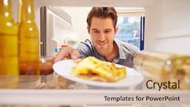  Presentation with refrigerator - PPT theme having fridge full of unhealthy food background and a coral colored foreground