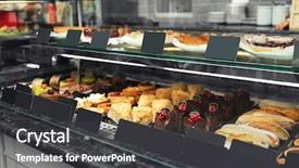  Presentation with fridge - Beautiful presentation theme featuring fridge with cakes in shop closeup backdrop and a dark gray colored foreground