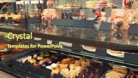  Presentation with fridge - Presentation theme having fridge with cakes in shop closeup background and a tawny brown colored foreground