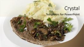  Presentation with veal - Presentation featuring fried and peppered escalope of veal served with mashed potatoes and a creamy sauteed mushroom sauce background and a soft green colored foreground