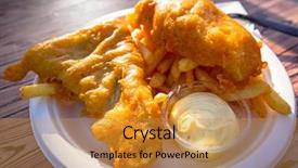  Presentation with fish - Presentation theme featuring fried battered fish with chips background and a gold colored foreground