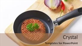  Presentation with burger - Colorful theme enhanced with fried beef burger in the teflon pan with wooden cutting board backdrop and a coral colored foreground