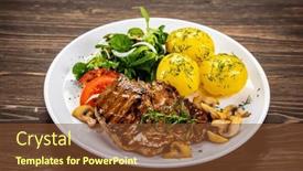  Presentation with steak - Presentation design having fried-beef-steak-with-boiled background and a tawny brown colored foreground