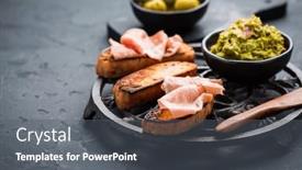  Presentation with spread - PPT theme consisting of fried-bread-substitute-for-toast background and a dark gray colored foreground