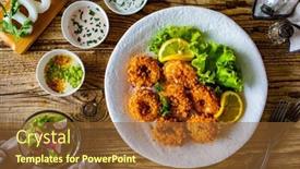  Presentation with lemon - Presentation featuring fried-breaded-calamari-rings background and a tawny brown colored foreground