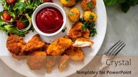  Presentation with fried chicken - Beautiful PPT theme featuring fried-breaded-chicken-nuggets backdrop and a coral colored foreground