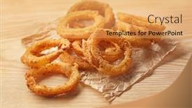  Presentation with onion - Amazing PPT theme having fried breaded onion rings on wooden background backdrop and a yellow colored foreground