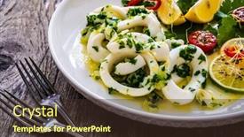 Presentation with lemon - Presentation theme having fried-calamari-rings-with-lemon background and a tawny brown colored foreground