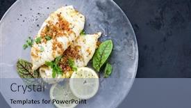  Presentation with tubes - Presentation design featuring fried-calamari-tubes-in-breadcrumbs background and a seafoam green colored foreground