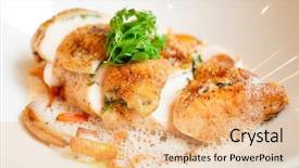  Presentation with fried chicken - Beautiful slides featuring fried chicken breast with baby vegetables and froth sauce backdrop and a coral colored foreground