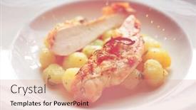  Presentation with breast - Colorful theme enhanced with fried chicken breast with baby potatoes on plate toned image backdrop and a coral colored foreground