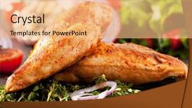  Presentation with fried chicken - Colorful slides enhanced with fried chicken breasts with rosemary and vegetables backdrop and a coral colored foreground