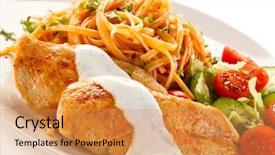  Presentation with fried chicken - Beautiful theme featuring fried chicken fillet pasta and vegetables backdrop and a yellow colored foreground