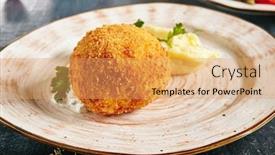  Presentation with fried chicken - Slide deck enhanced with fried chicken kiev made of meat fillet pounded and rolled around cold butter coated with breadcrumbs kiev-style cutlet in white creamy sauce with mashed potatoes on rustic ceramic plate close up background and a yellow colored foreground