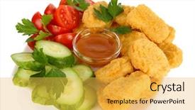  Presentation with nuggets - Audience pleasing PPT theme consisting of fried chicken nuggets with vegetables and sauce isolated on white backdrop and a yellow colored foreground
