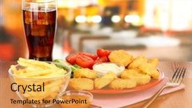  Presentation with nuggets - Audience pleasing slide deck consisting of fried chicken nuggets with vegetables cola french fries and sauce on table in cafe backdrop and a gold colored foreground
