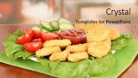 Presentation with nuggets - Beautiful PPT theme featuring fried chicken nuggets with vegetables and sauce on table in cafe backdrop and a coral colored foreground