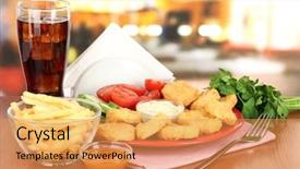  Presentation with nuggets - Slide set having fried chicken nuggets with vegetables cola french fries and sauce on table in cafe background and a yellow colored foreground