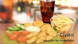  Presentation with nuggets - PPT theme featuring fried chicken nuggets with vegetables cola french fries and sauce isolated on white background and a yellow colored foreground