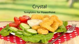  Presentation with nuggets - Presentation with fried chicken nuggets with vegetables and sauce on table in park background and a yellow colored foreground