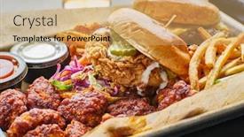  Presentation with sandwich - Beautiful presentation theme featuring fried-chicken-sandwich-and-cheeseburger backdrop and a coral colored foreground