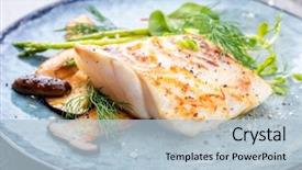  Presentation with green plate - Presentation design having fried cod fish filet background and a light blue colored foreground