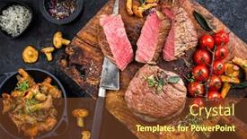  Presentation with cutting board - PPT theme having fried dry aged beef fillet medallion steak natural with tomatoes and herbs as top view on a wooden cutting board background and a tawny brown colored foreground