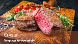  Presentation with cutting board - Audience pleasing slide set consisting of fried dry aged beef fillet medallion steak natural with tomatoes and herbs as closeup on a wooden cutting board backdrop and a tawny brown colored foreground