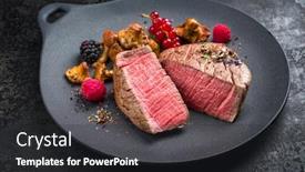  Presentation with dry forest - Audience pleasing PPT layouts consisting of fried dry aged beef fillet chateaubriand medallion steak natural with chanterelles and forest berries as closeup on a modern design cast iron plate with rustic background backdrop and a dark gray colored foreground
