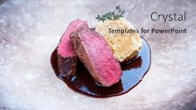  Presentation with tenderloin - Presentation having fried-dry-aged-venison-tenderloin background and a light gray colored foreground