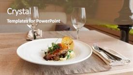  Presentation with table setting - Audience pleasing PPT theme consisting of fried duck dish on restaurant backdrop and a  colored foreground