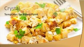  Presentation with fried egg close up view - Presentation design consisting of fried-dumplings-with-fried-eggs background and a yellow colored foreground