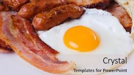  Presentation with english food - Audience pleasing PPT theme consisting of fried egg with bacon backdrop and a coral colored foreground