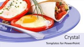  Presentation with tortilla - Slides with fried eggs and tortilla with salad served on blue plate with cutlery isolated over white background background and a light blue colored foreground