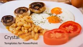  Presentation with healthy breakfast - Theme enhanced with fried eggs with beans mushrooms background and a gold colored foreground