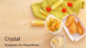  Presentation with potato chips - Slide deck consisting of fried fish and potato chips background and a  colored foreground