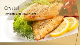  Presentation with vegetables - Colorful presentation design enhanced with fried fish cod with vegetables on white background backdrop and a yellow colored foreground