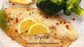  Presentation with fish - PPT theme with fried fish fillet with broccoli background and a yellow colored foreground