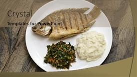  Presentation with kenyan food - PPT theme featuring fried-fish-tilapia-ugali-white background and a coral colored foreground
