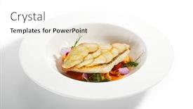  Presentation with main course - Audience pleasing presentation consisting of fried-flounder-fillet-on-baked backdrop and a white colored foreground