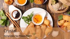  Presentation with asian food - Slide set with fried food - assorted asian cuisine background and a coral colored foreground