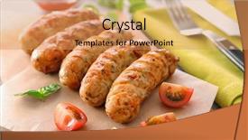  Presentation with sausages - Presentation theme enhanced with fried food - delicious grilled sausages on wooden background and a  colored foreground