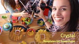  Presentation with group of people - Theme with fried food - group of people doing selfie background and a red colored foreground