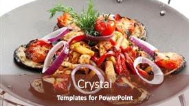  Presentation with fried foods - Audience pleasing theme consisting of fried foods - meat with vegetables and onions backdrop and a tawny brown colored foreground