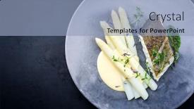  Presentation with white plate - Theme consisting of fried-gourmet-skrei-cod-fish background and a light blue colored foreground