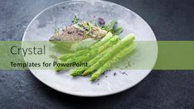  Presentation with green plate - Slides with fried-gourmet-skrei-cod-fish background and a yellow colored foreground